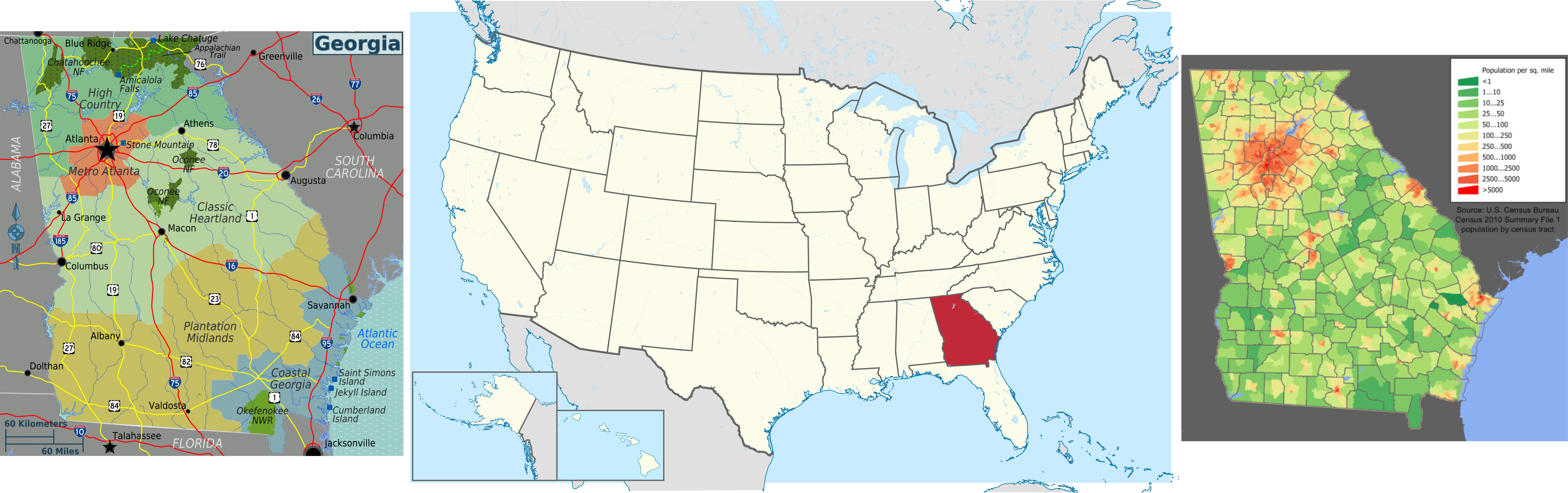 Three different maps of the state of Georgia.