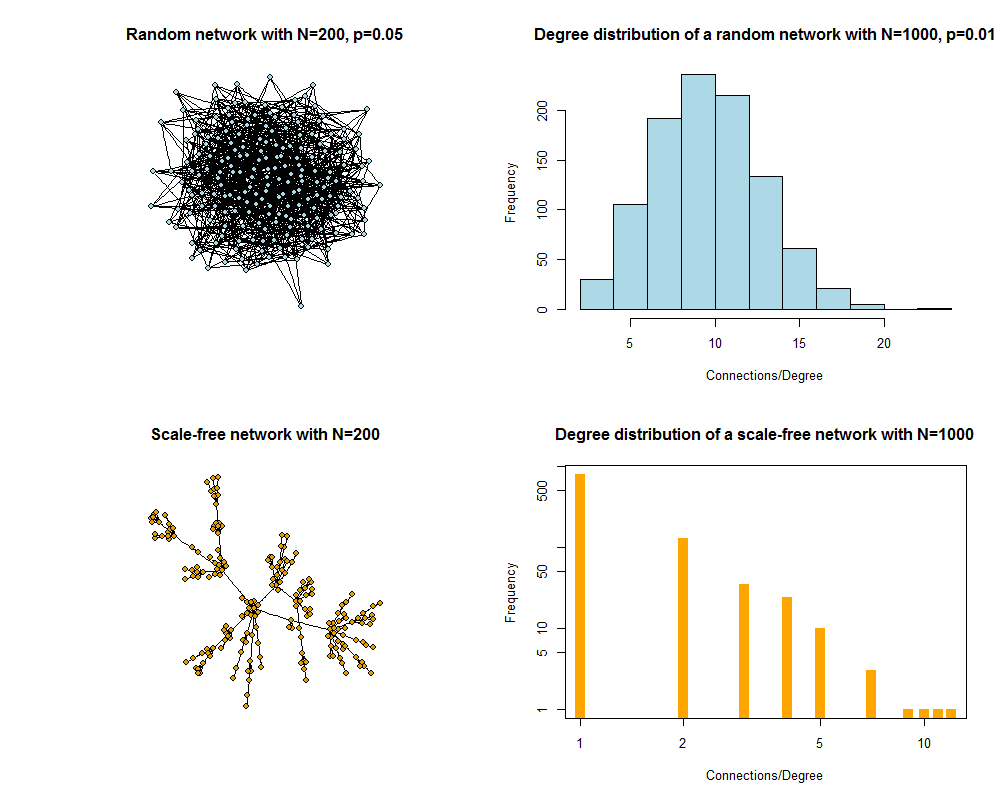 Random and scale-free networks and degree distribution.
