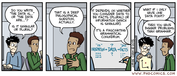 In this course, I randomly switch back and forth between singluar and plurar. Source: phdcomics.com.