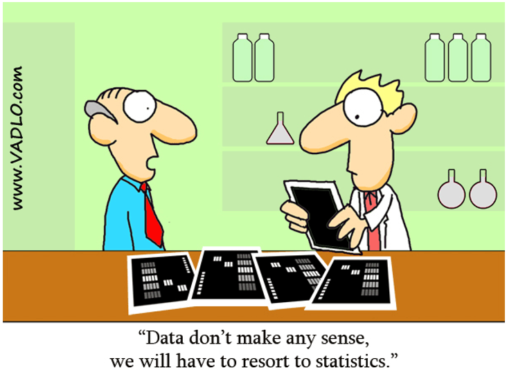 A comic of two scientists standing in front of a lab bench that has electrophoresis gel printouts scattered on it. One says to the other 'Data don't make any sense, we will have to resort to statistics.'