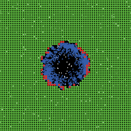 Example of a simple IBM model showing uninfected cells (green), infected cells (red) and virus (blue).